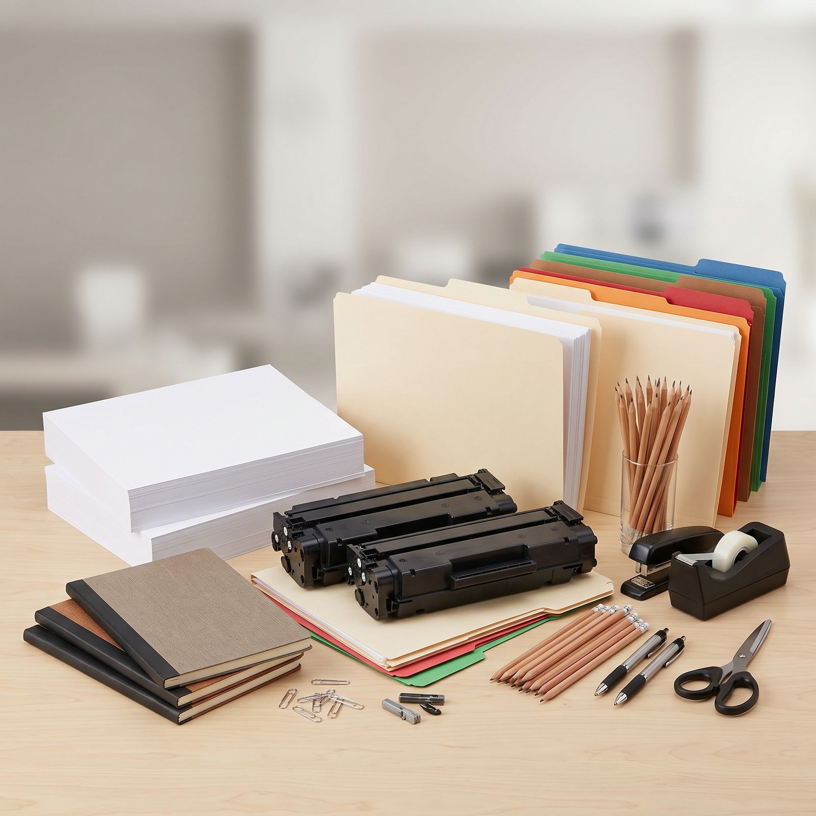 Office supplies on a desk